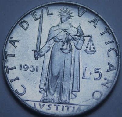Vatican City 5 Lire, 1951 Gem Unc~Pope Pius XII~Free Shipping - Image 1 of 2