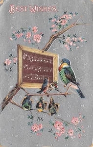 Fantasy ~ gekleideter Bluebird lehrt Lil Vögel singen ~ Schulschiefer im Baum ~ silber - Bild 1 von 2
