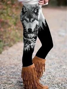 Leggings cómodos elásticos para mujer con estampado abstracto de lobo del bosque blancos y negros - Imagen 1 de 5