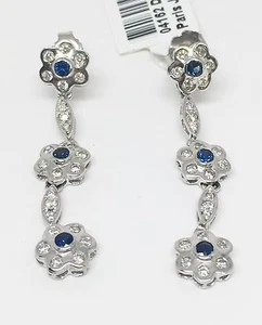14K White Gold Hand Made Blue Sapphire and Diamond Flower Dangling Earrings - Picture 1 of 9