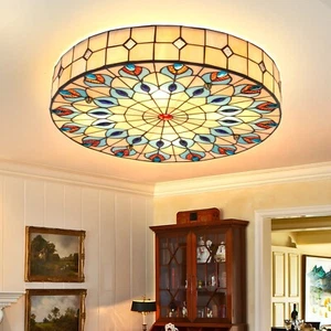 Multi-color Tiffany Peacock Ceiling Lighting Fixture Lamp Stained Flush Mounted - Picture 1 of 17