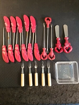 Lobster Crab Picks Forks Butter Knives Red Claw Set lot of 22 - Image 1 of 4