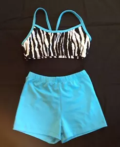 set pantaloncini crop top danza cheer tumbling blu nero stampa zebrata giovanile large L - Foto 1 di 2