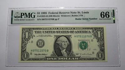 $1 1995 Radar Serial Number Federal Reserve Currency Bank Note Bill PMG UNC66EPQ - Image 1 of 3
