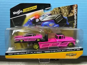1/64 Maisto Transporter 1957 Chevrolet Flatbed & 1959 Impala Coupe pink - Bild 1 von 2