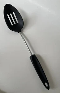 Vintage Nylon Schlitz Löffel Servieren Kochutensil Schwarz Schüssel Schwarz Griff - Bild 1 von 10