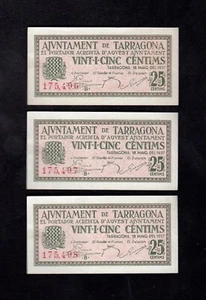 F.C. TARRAGONA , TRÍO CORRELATIVO 25 CENTIMS 1937 , S/C- , MARCA DE CLIP . - Imagen 1 de 2
