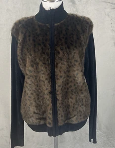 Y2K Lisa International Leopard Faux Fur Sweater Jacket Large cozy Chic Boho - Picture 1 of 10