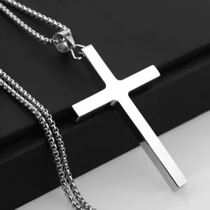 Heavy Big Silver 316L Stainless Steel Cross Pendant Chain Necklace for Men Women - Picture 1 of 6