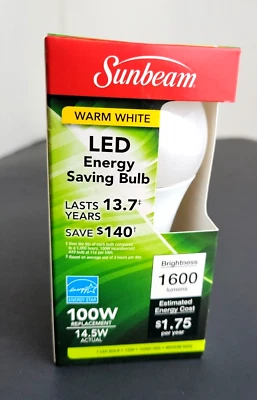 Sunbeam® LED 14.5 Watts (100w) Warm White LIGHT BULB (A19 Shape, E26 Base) - NEW - Image 1 of 4