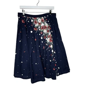 Vintage Navy Blue Floral Midi Skirt Women's Size 12 Midi Skirt Poppy Daisy Print - Picture 1 of 8