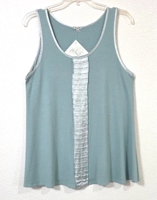 PJ Harlow Alyssa A-Line Tank Satin Trim Rib Knit Ruffles Stretch USA sz XL - Изображение 1 из 4