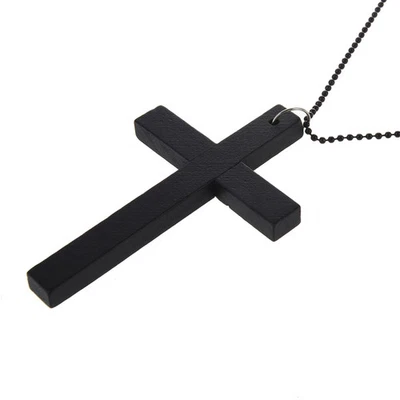 Black Wood Bead Necklace Metal Chain Cross Pendant Men Jewelry Accessory 1 Pc - Image 1 of 4