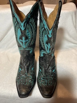 Botas de Vaquero JB DILLON Talla 6.5 B Negro y Turquesa Cuero de Cabra Incrustación Cruzada Difíciles de Encontrar Foto 1 de 4