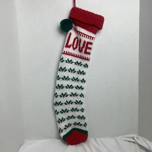 Vintage Knitted Christmas Sock Stocking Mistletoe Love 26" White Red Green - Picture 1 of 9