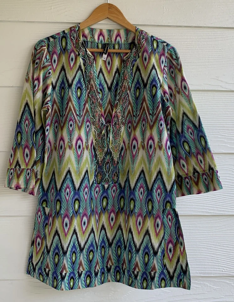 Vix by Paula Hermanny Peacock Beaded Embellished Swim Beach Cover Up Size M - Image 1 of 4