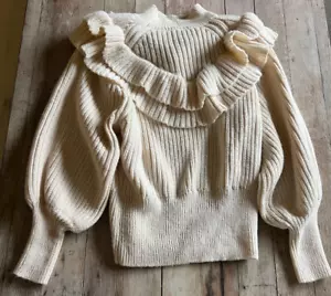 H&M Flounced Rib Knit Sweater Ivory Wool-Blend Size MEDIUM M Ruffled FREE SHIP - Picture 1 of 4