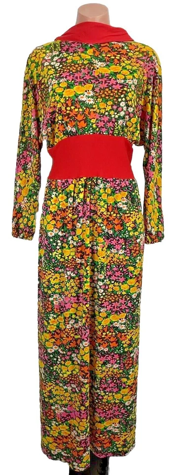 Vtg 60s 70s FLORAL Print SHEER Dress HOSTESS Caftan Nightgown Psychedelic M/L - Image 1 of 4