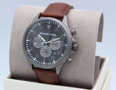 NEW AUTHENTIC MICHAEL KORS GAGE GREY BROWN LEATHER CHRONOGRAPH MENS MK8536 WATCH - Image 1 of 4