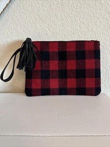 J. Jill 10 x7.5 Wool Wristlet Valentines Clutch Tassel Red Black Plaid Bag Purse - Picture 1 of 12