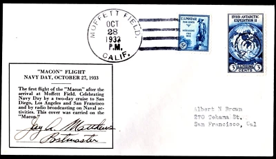 Rare Flown USS MACON ZRS-5 Zep Cover Moffett Field Oct 28 1933 Postmaster Signed - Image 1 of 2