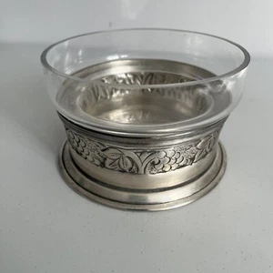 Pottery Barn Pewter Wine Bottle Coaster W Glass Liner Grape vine pattern Retired - Picture 1 of 6