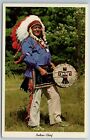 Postcard Native American Chief Playing Drum 1960s Chrome L1J