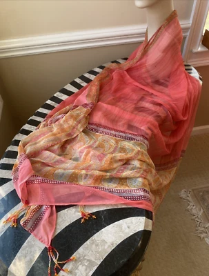 Vintage Sheer Silk Scarf Stole Boho Print Artsy OOAK Batik Paisley Coral 90x45" - Image 1 of 4