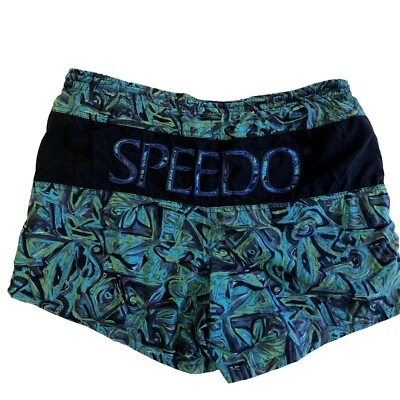 Vtg 80 90's Speedo Blue Green ABSTRACT Swim Shorts SPELL OUT Nylon Surfer Trunks - Image 1 of 4