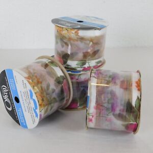 Floral Sheer Ribbon Lot of 4 Polyester Nylon Offray Woven 2.25"x9' Each NOS