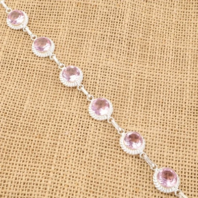 Pulsera Hija Cadena Nueva Art Deco Morganita Natural Redonda Plata de Ley 925 Foto 1 de 4