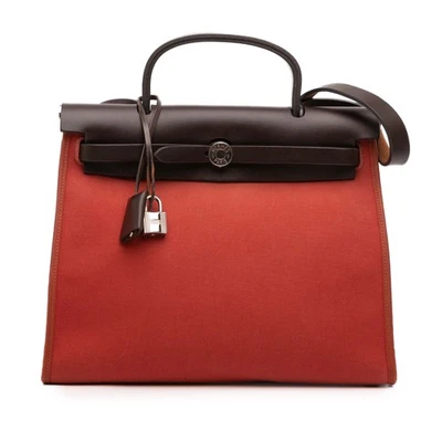 Authenticated Hermès Toile Herbag Zip 31 Orange Dark Canvas Fabric Satchel - Image 1 of 4
