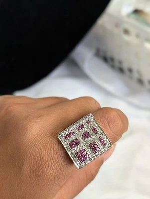 Platinum Sterling Silver Pink & White 925 Square Cocktail Ring Sz 6 - Image 1 of 4