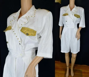 VTG 90s White Denim Metallic Gold Studs Shorts Military Jumpsuit Romper Playsuit - Picture 1 of 11