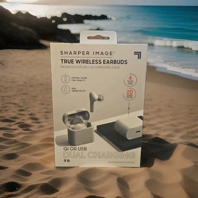 SHARPER IMAGE-TRUE WIRELSS EARBUDS-20 HOURS OF BOOMING BASS-NOISE ISOLATION-QI - Image 1 of 4