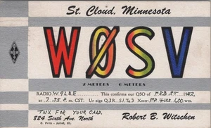 amateur ham radio QSL postcard W0SV Robert B Witschen 1952 St. Cloud Minnesota - Bild 1 von 1