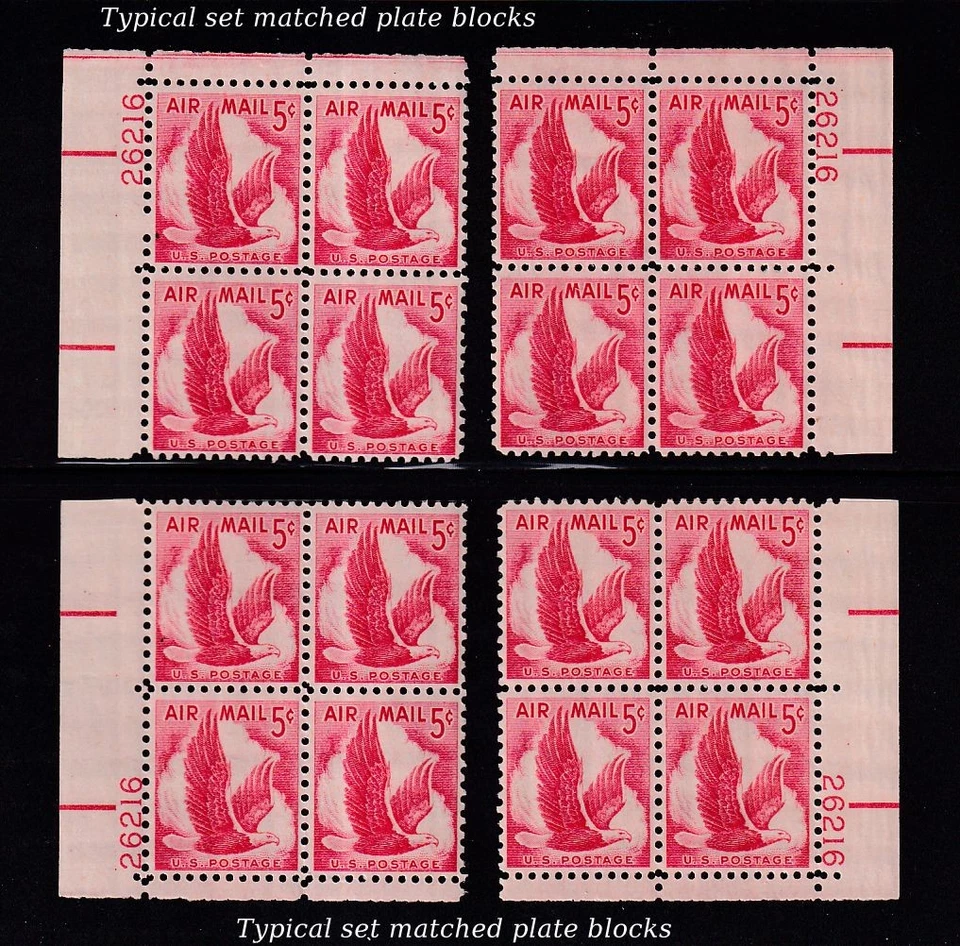 1958 Airmail eagle Sc C50 MNH 5c plate blocks matched rare number 26216 Typical - Image 1 of 1