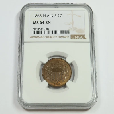 1865 NGC MS64 BN - Plain 5 - Two Cent Piece - 2c US Coin #48223A - Image 1 of 4
