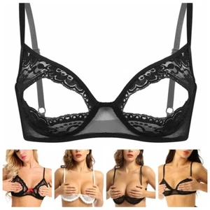Women Lace Floral Open Cup Bra Triangle Bralette Portrait Wire-Free Unlined Bra - Picture 1 of 50