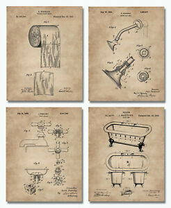 Bathroom Patent Prints - 8"x10" Set of 4 - Wall Art Decor Restroom Powder Room