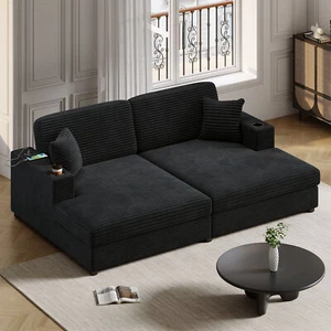 86.5" Oversized Loveseat Chaise Lounge Sectional Sofa Bed Corduroy Sleeper Sofa - Picture 1 of 12