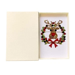 Goldfarbene Kristall Rudolf Geweih Kranz Brosche Anstecknadel Anstecker Geschenkbox Weihnachten - Bild 1 von 2