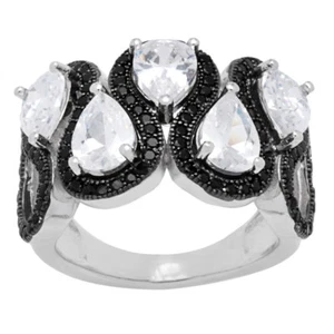 Anillo central de plata de ley con circonita cúbica blanca y negra en forma de pera - Imagen 1 de 7