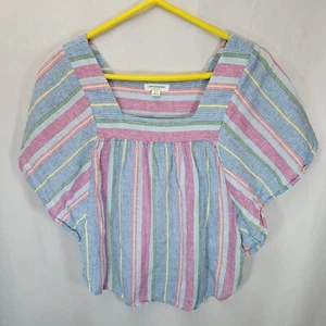 Beach Lunch Lounge Zoey Striped Linen Blend Square Neck Flutter Sleeve Top Small - Picture 1 of 7
