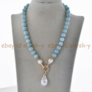 10mm Blue Aquamarine & White Natural Edison Baroque Pearl Pendant Necklace 18''
