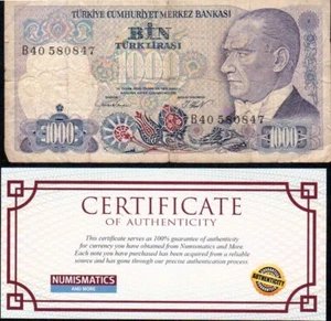 Turkey 1000 Lira P-196 1970 (1986) CIRC Uncertified USA seller COA - Picture 1 of 2