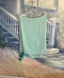 Hand Made Fern Green & White Chevron Rectangular Tablecloth W/Tassels 45" X 64" - Picture 1 of 12