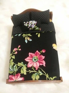 Dollhouse Miniature Full Size Comforter Set 1:12 Scale Black Floral Fabric - Picture 1 of 5