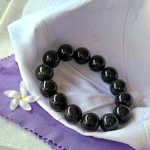 Rare Item Black Jade Bracelet Solid Round Beads Burmese Jadeite Type A 14.7 mm - Picture 1 of 10