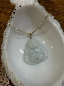 14K WW Weltweite Importe JADE 3D geschnitzt Buddha Anhänger und Kette - Bild 1 von 7